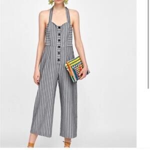 Zara Black White Striped Jumpsuit Size Large